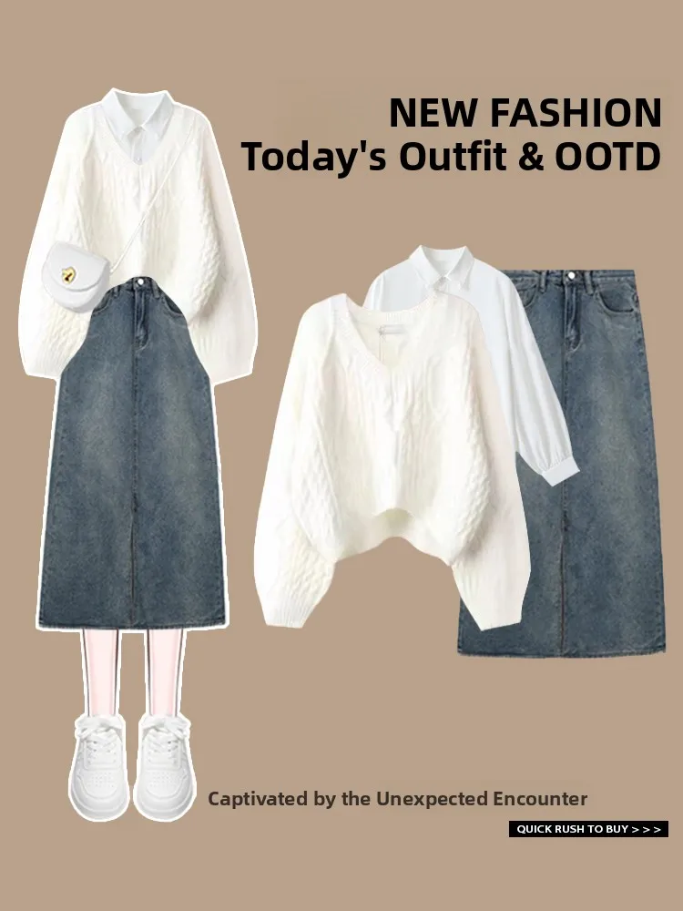 

Ретро-японский вязаный свитер с дырками, женская свободная облегающая белая рубашка, юбка с высокой талией, модный комплект, осенний новый стиль