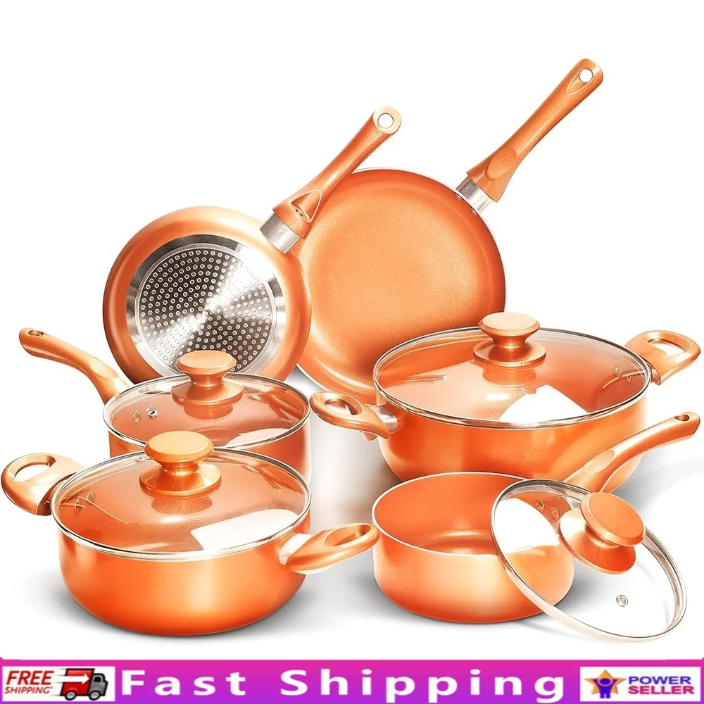 

10pcs Nonstick Cookware Set Ceramic Soup Pot Fry Pans Copper Aluminum Induction Gas Compatible Heat Insulation Handle