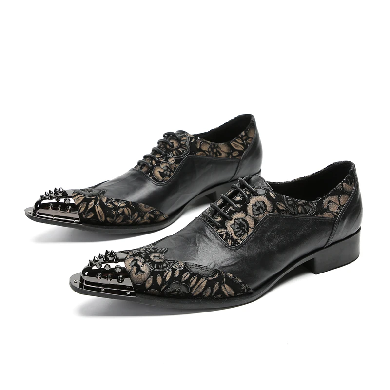 

Men's pointed leather shoes with lace up, British metal iron head, rivet embroidery, men's leather shoes