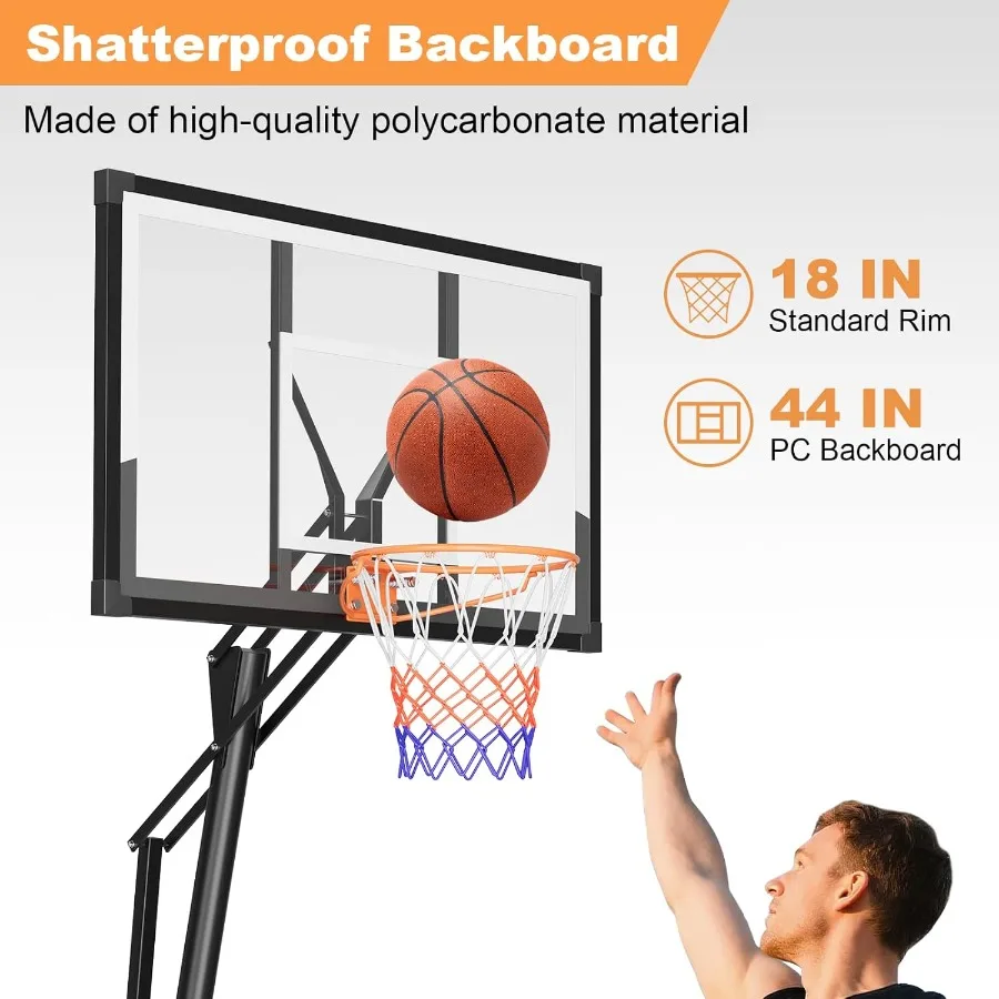 44 Inch Basketball Hoop 5-10FT Height Adjustable Basketball Hoop Goal System with Shatterproof Backboard and Wheels Outdoor Por
