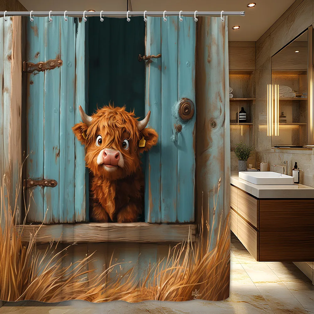 

1pc Highland Cow Shower Curtain - Farmhouse Bathroom Decor with Cute Peeking Highland Cow, Large 70x70 Inches Bath Curtain