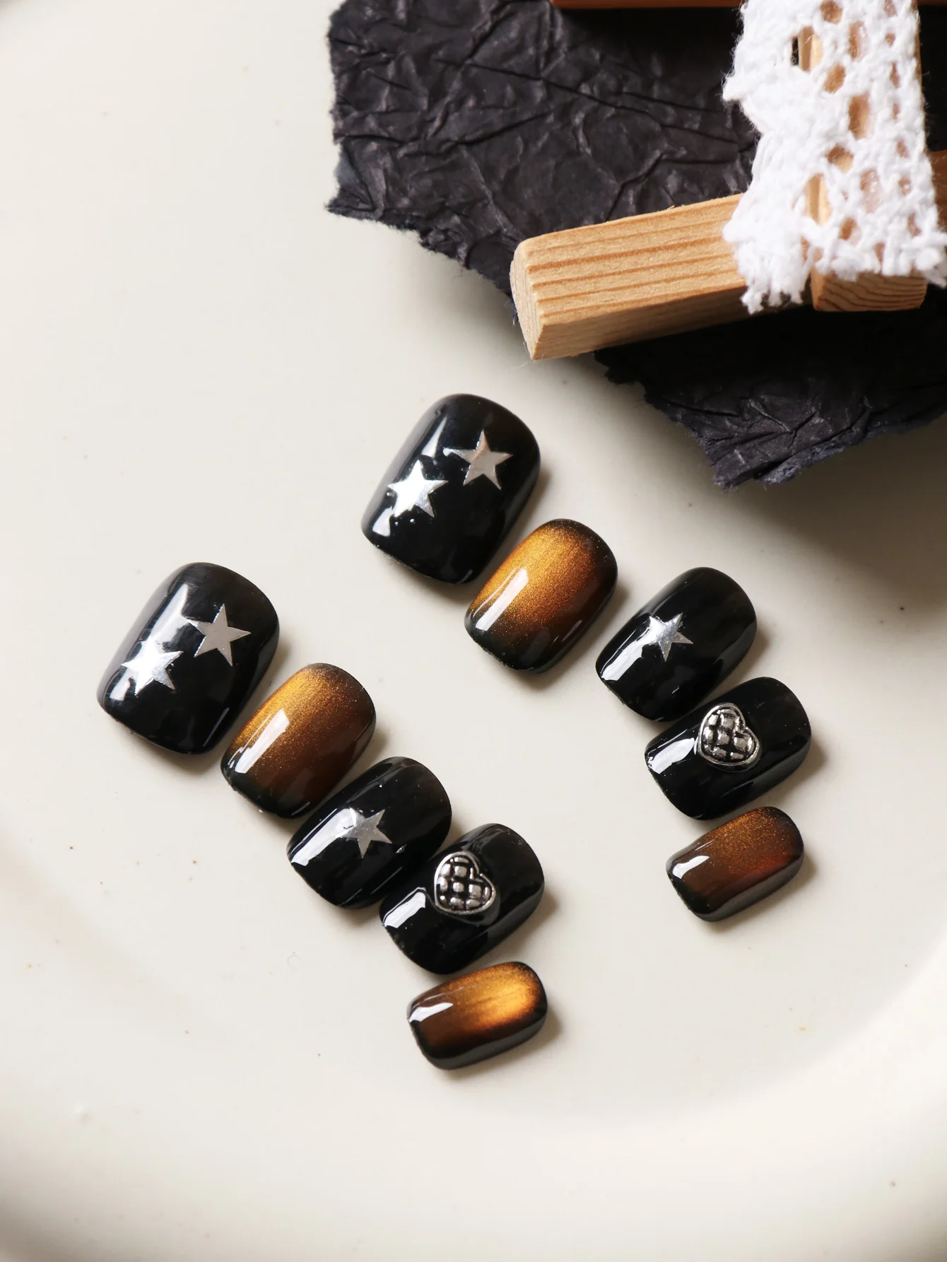 10Pcs Press on Nails Black Brown Star Fake Nails Includes 1 Sheet of Adhesive Tabs & 1 Pc Mini File