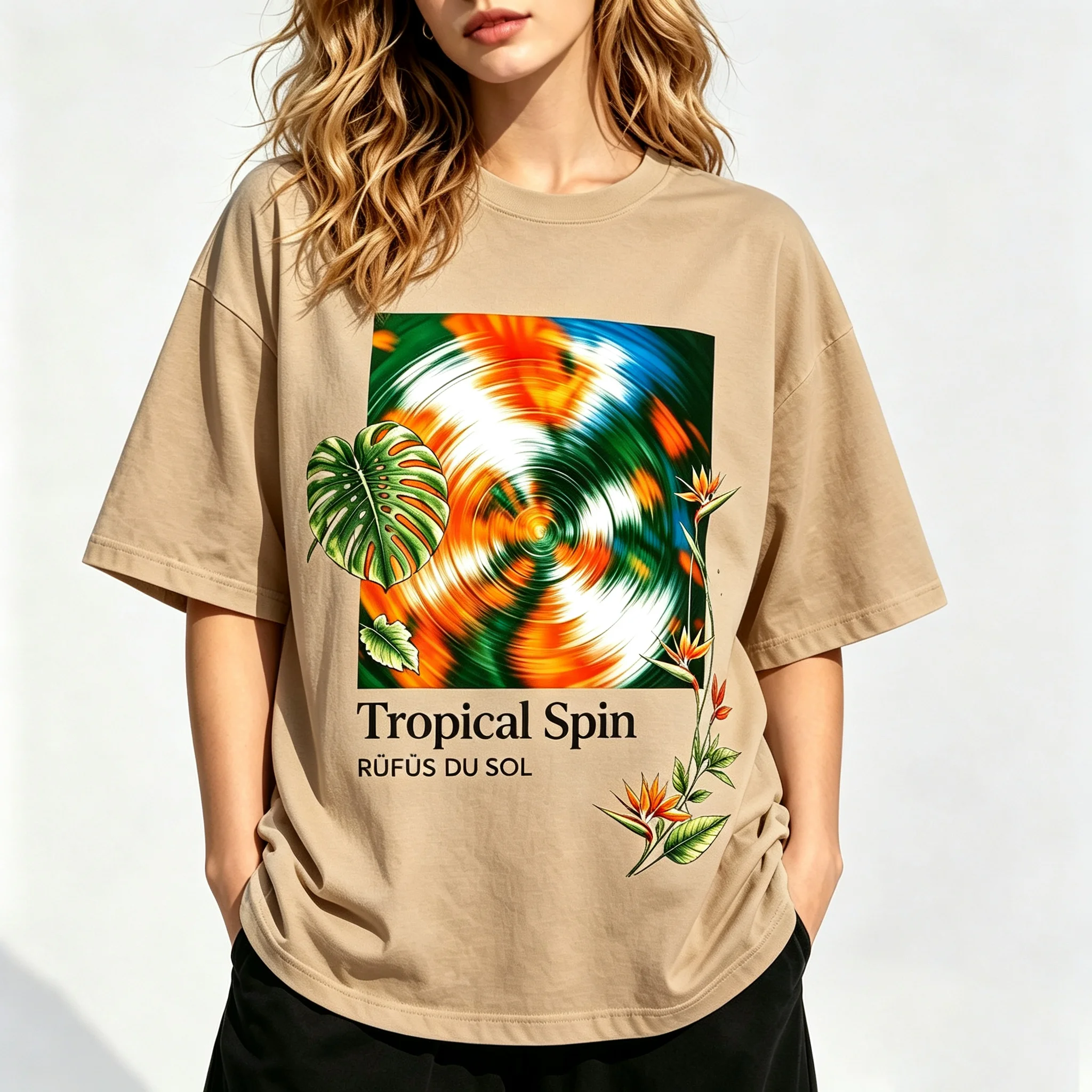 Women's Tropical Spin Tropical Monstera Bird Of Paradise Flower Swirl Graphic T Shirt Summer Botanical Short Sleeve Casual Tee