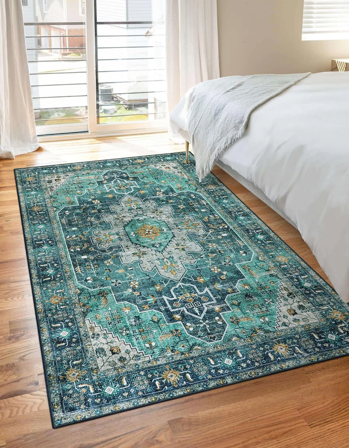

Washable Vintage Area Rug - Entry Throw Rug Non-Slip Oriental Medallion Bedroom Mat Non-Shedding Indoor Floor Carpet for Living