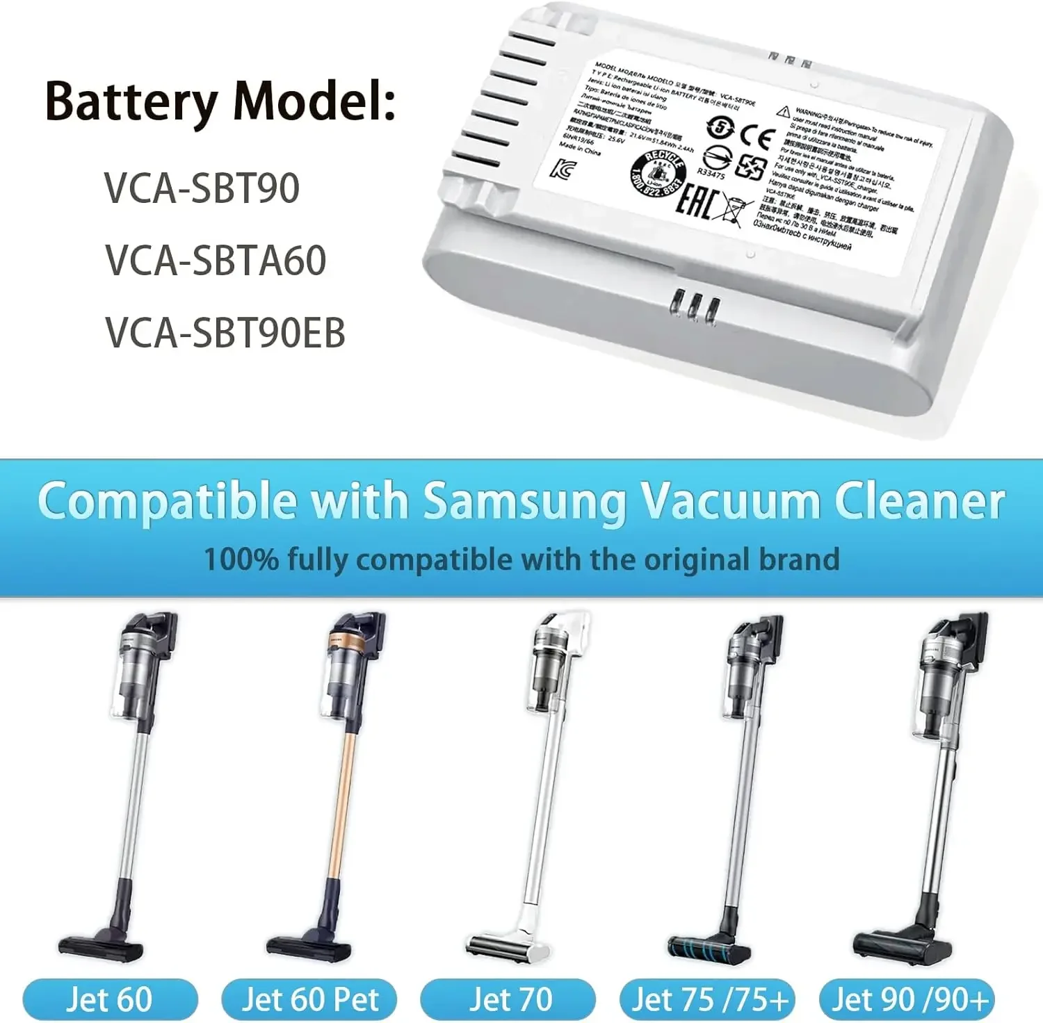 

4000mAh Replacement Battery for Samsung JET70 VS15T7032P4 VCA - SBT90E, VS15R8542S1, Jet90E Pet, Jet70 Turbo/Pro/Complete Models
