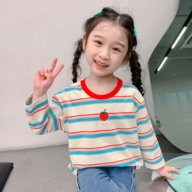 Girls' Base Shirt, Spring and Autumn Children's Long Sleeved Striped T-shirt, Baby Girl's Stylish Top New Versatile Design