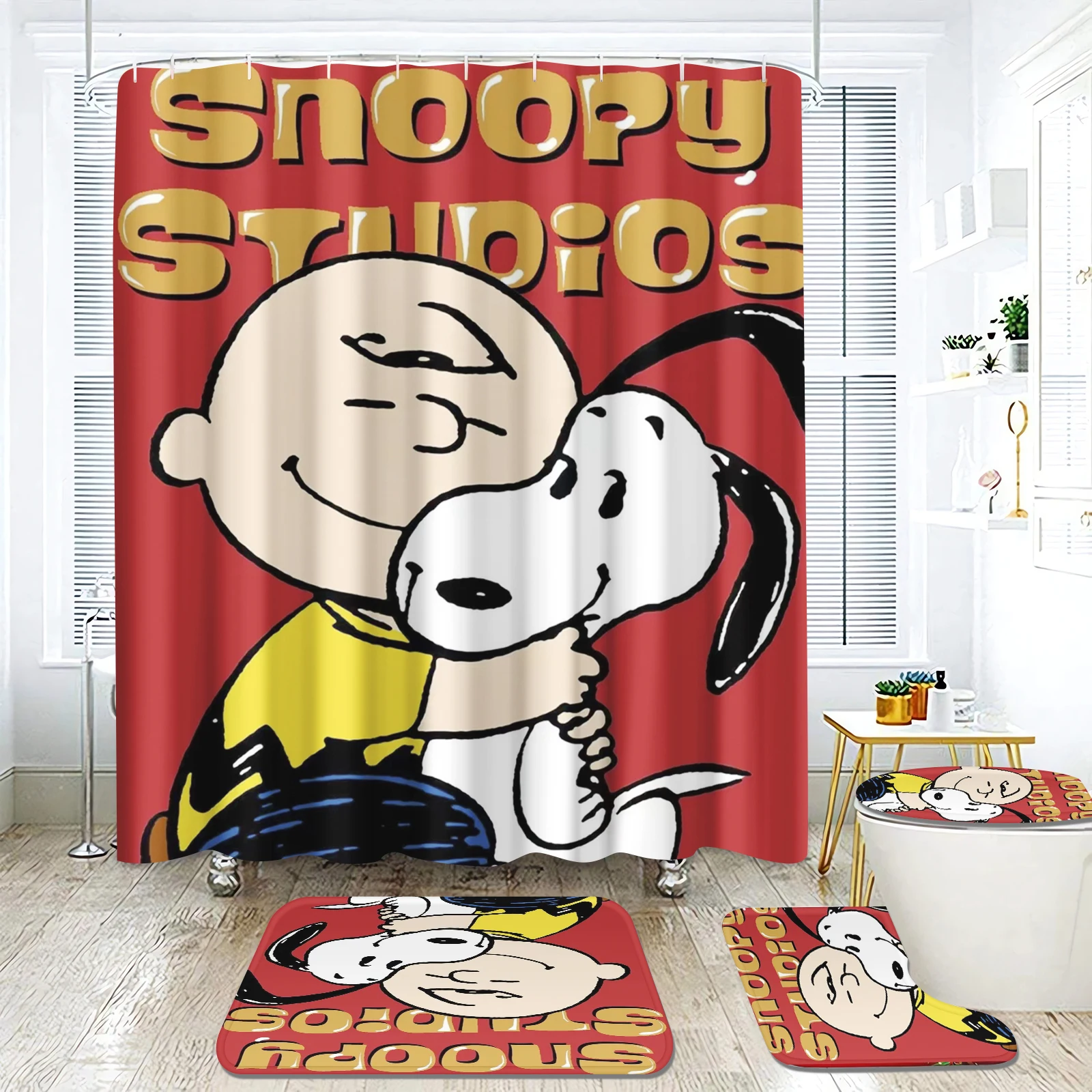 Cartoon Happy Puppy Snoopy Shower Curtain Cute 4 Piece Bathroom Interesting Decorations Sets Full Set Accessories Curtains Bath