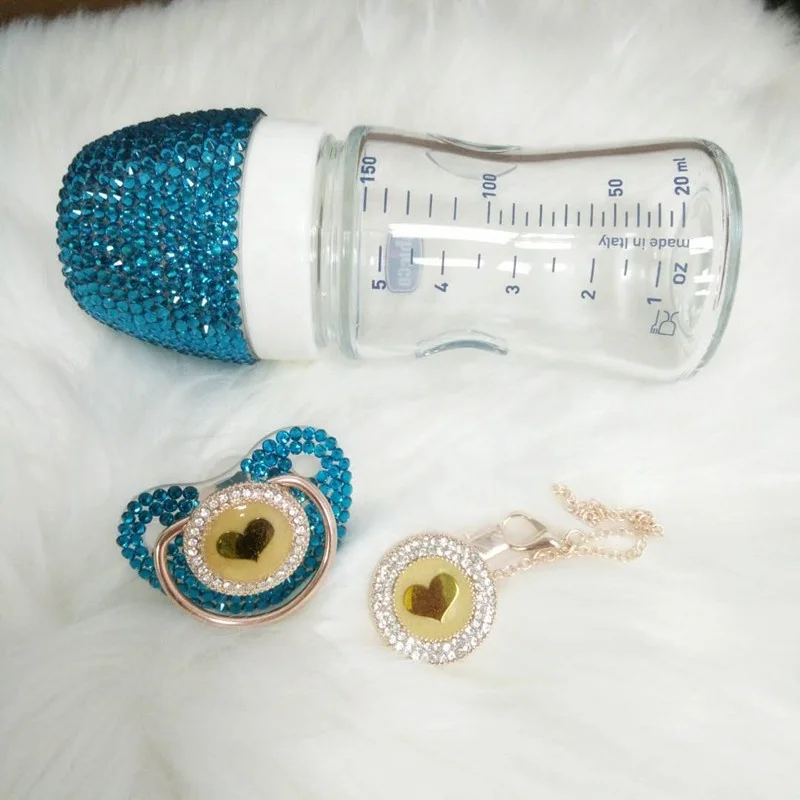 

Personalised Baby Bottle Warmer Water Bottle + Bling Heart Pacifier Clip for Newborn Gift Set