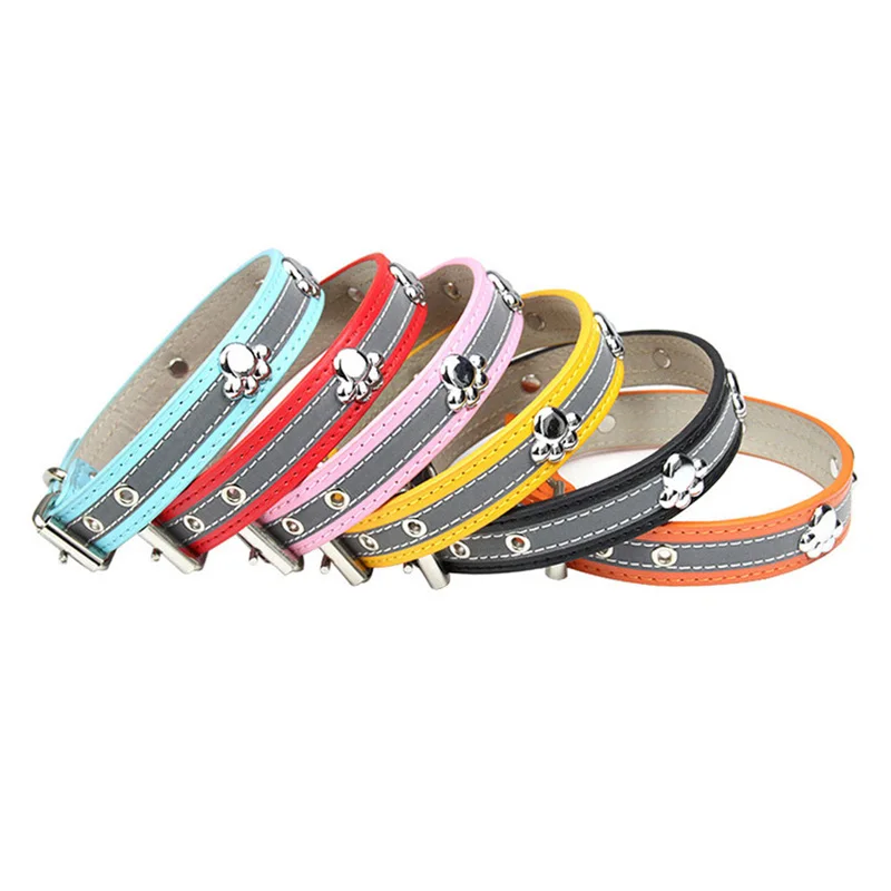 Reflective Footprint Pu Leather Pet Dog Collar For Puppy Cat Chihuahua Small Dog Neck Strap Adjustable correa perro chien