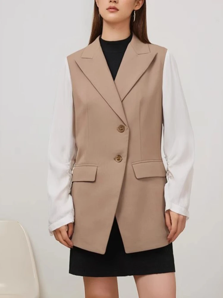 TWOTWINSTYLE Colorblock Patchwork Pockets Slimming Blazer For Women Notched Collar Puff Sleeve Spliced Button Casual Coat Female