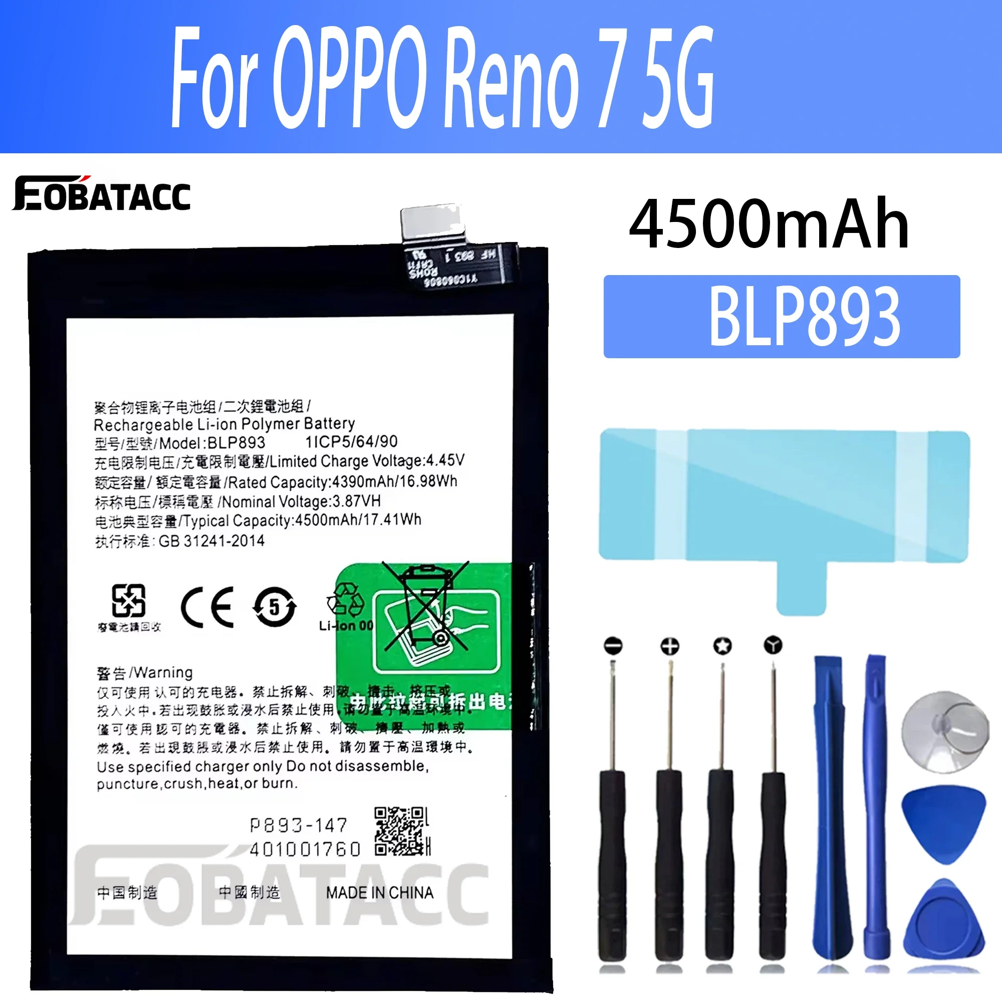 

100% New Original Battery BLP893 For OPPO Reno 7 5G Battery + Free Tools