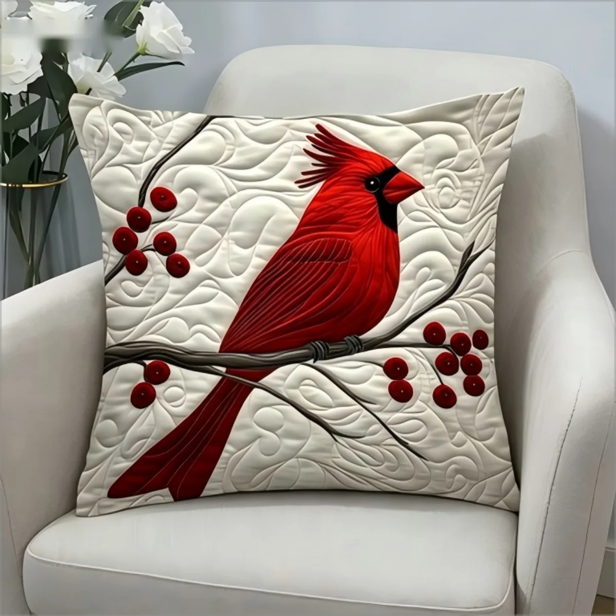 Red Cardinal Bird Pillow Cover 2D Faux Embroidery Quilted Print Winter Berry Branch Cushion Case for Sofa Bed Couch Home Decor