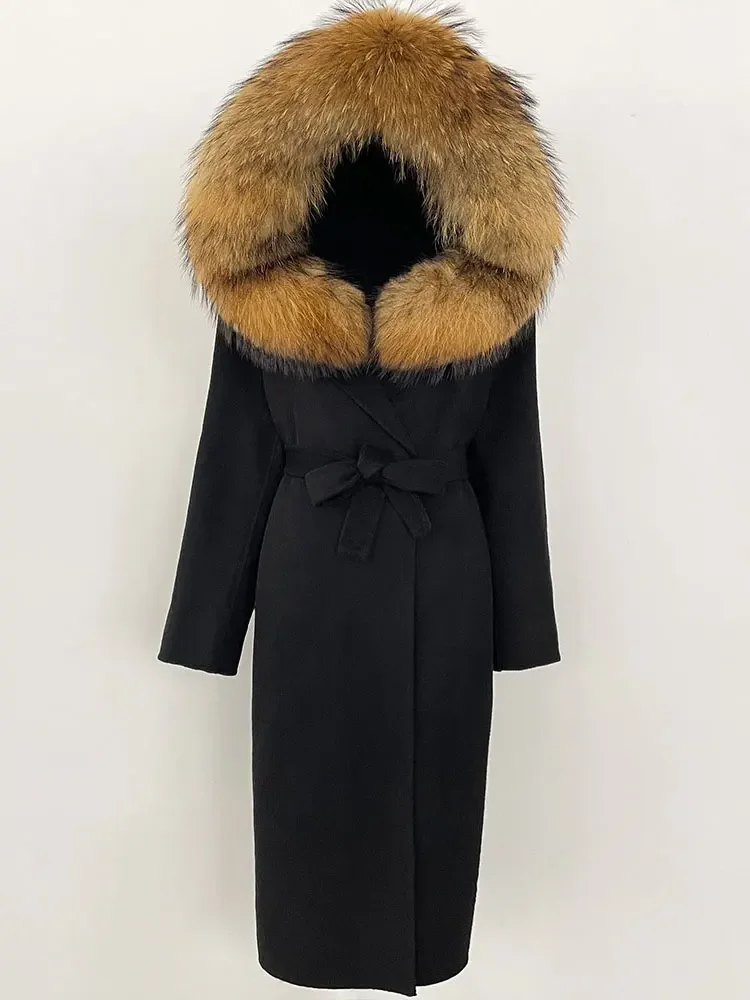 Women 2025 New Winter Hooded Detachable Collar Fur Wool Clothes Long Woolen Jacket Real Natural Fox Fur Coat Casual Overwears