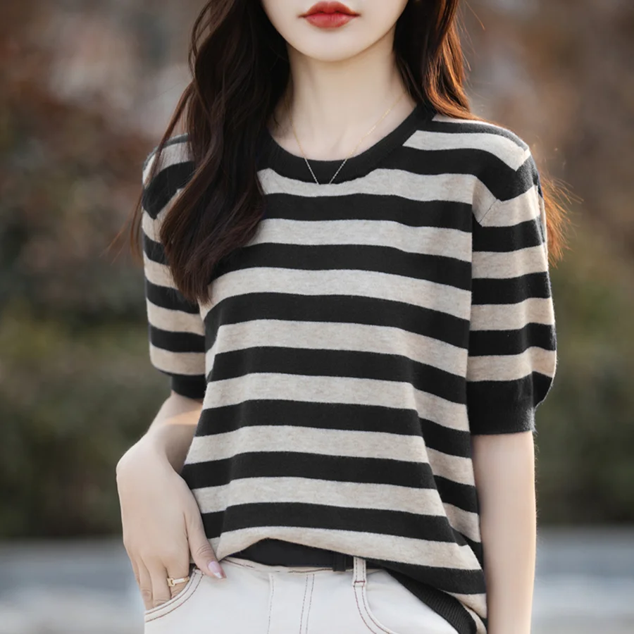 Summer O-Neck Short Sleeve Sweater Knitted Stripe Korea Fashion Pullover Shirt Casual Knit T-Shirt Blouse Girl