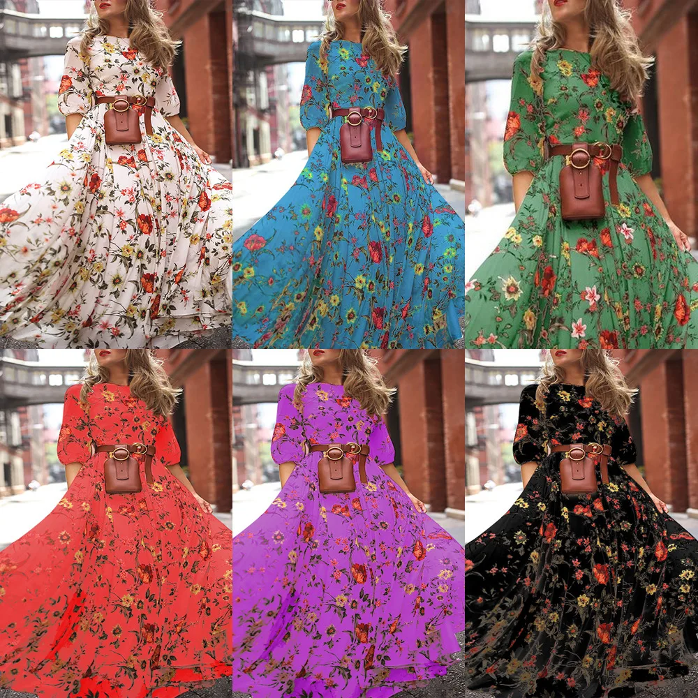 Autumn Womens Round Neck Belt Trouser Hem Bohemian Print Long Sleeve Loose Dress Fashionable Women's Camping Style Elegant Dress