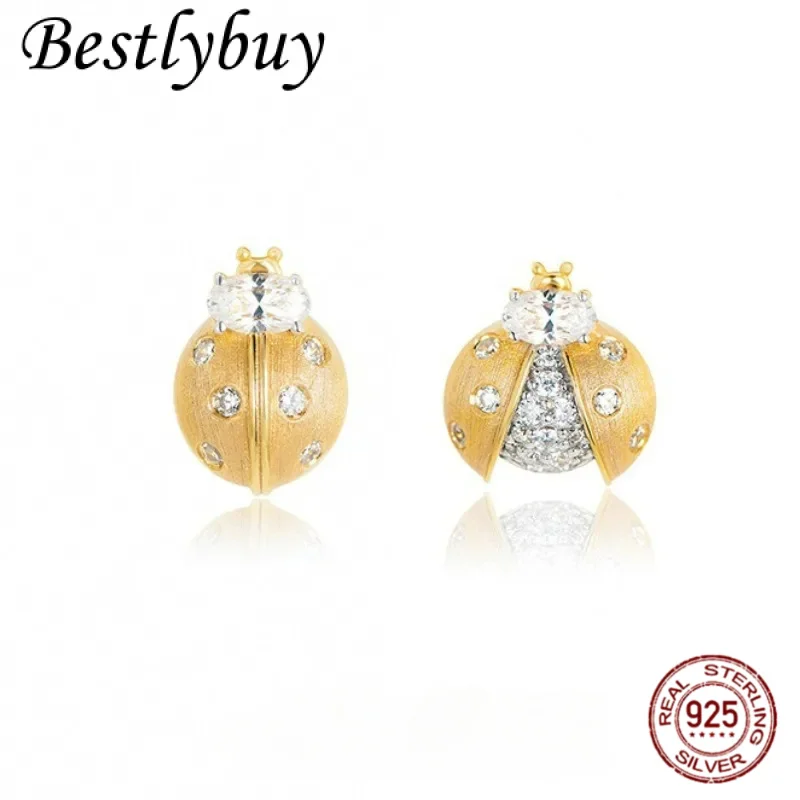 

S925 Silver 18K Gold Brushed Cubic Zirconia Insect Ladybug AB Asymmetric Stud Earrings Women Cute Dainty Trendy Small Earring