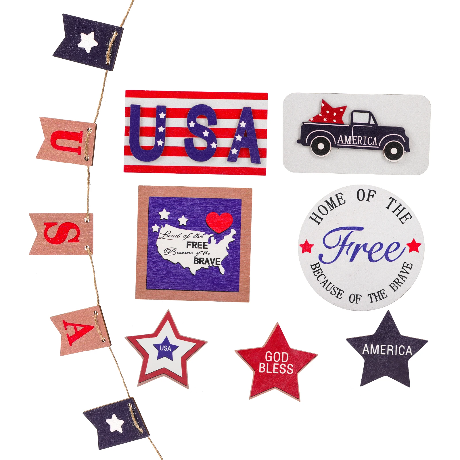 

12 Pcs Wooden Tiered Tray Decor Patriotic 4th of July Table Decorations Set Independence Day Festive Home Office