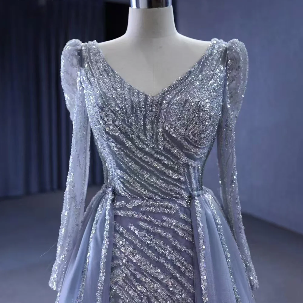 Robe de soirée à col en V, manches longues, dos lacé, paillettes, coupe fourreau, personnalisable avec traîne amovible pour femmes