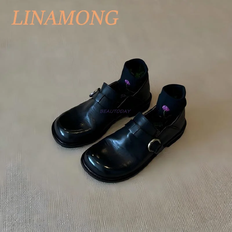 

Brushed Retro Versatile Leather Shoes Women's British Style Single Shoes One Foot Slip Loafers Belt Buckle Flat Casual Shoes