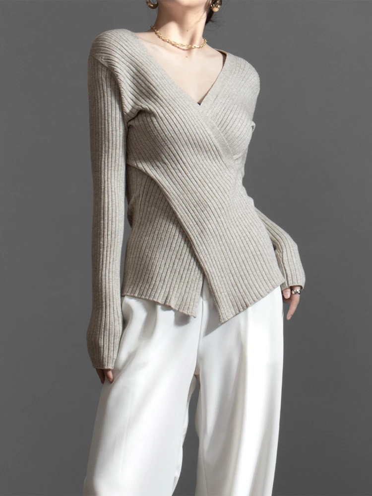 

Утягивающий трикотаж из двух предметов с V-образным вырезом и крестиком, повседневный женский базовый слой, полосатый вязаный свитер, модный большой размер