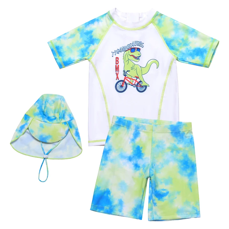 

Быстросохнущий купальник из трех предметов для мальчиков, детский купальный костюм с короткими рукавами и динозаврами на велосипеде для мальчиков, купальный костюм с солнцезащитной шапочкой для 2-6 лет