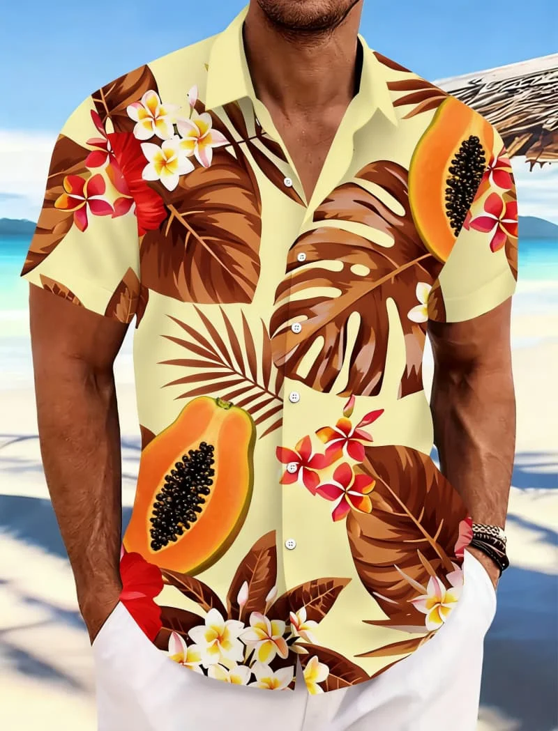 

Men's Bold Premium Edgy Relaxed Tropical Fruit Print Short Sleeve Shirt Casual Fashion For Urban Style And Vacation Styling