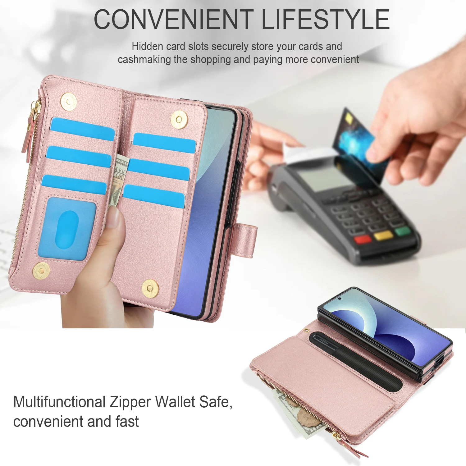 Wristband Card Slots Zipper Leather Wallet Flip Phone Case for Samsung Galaxy Z Fold 8 Ultra 7 6 5 4 3 Ring Lanyard Purse Cover