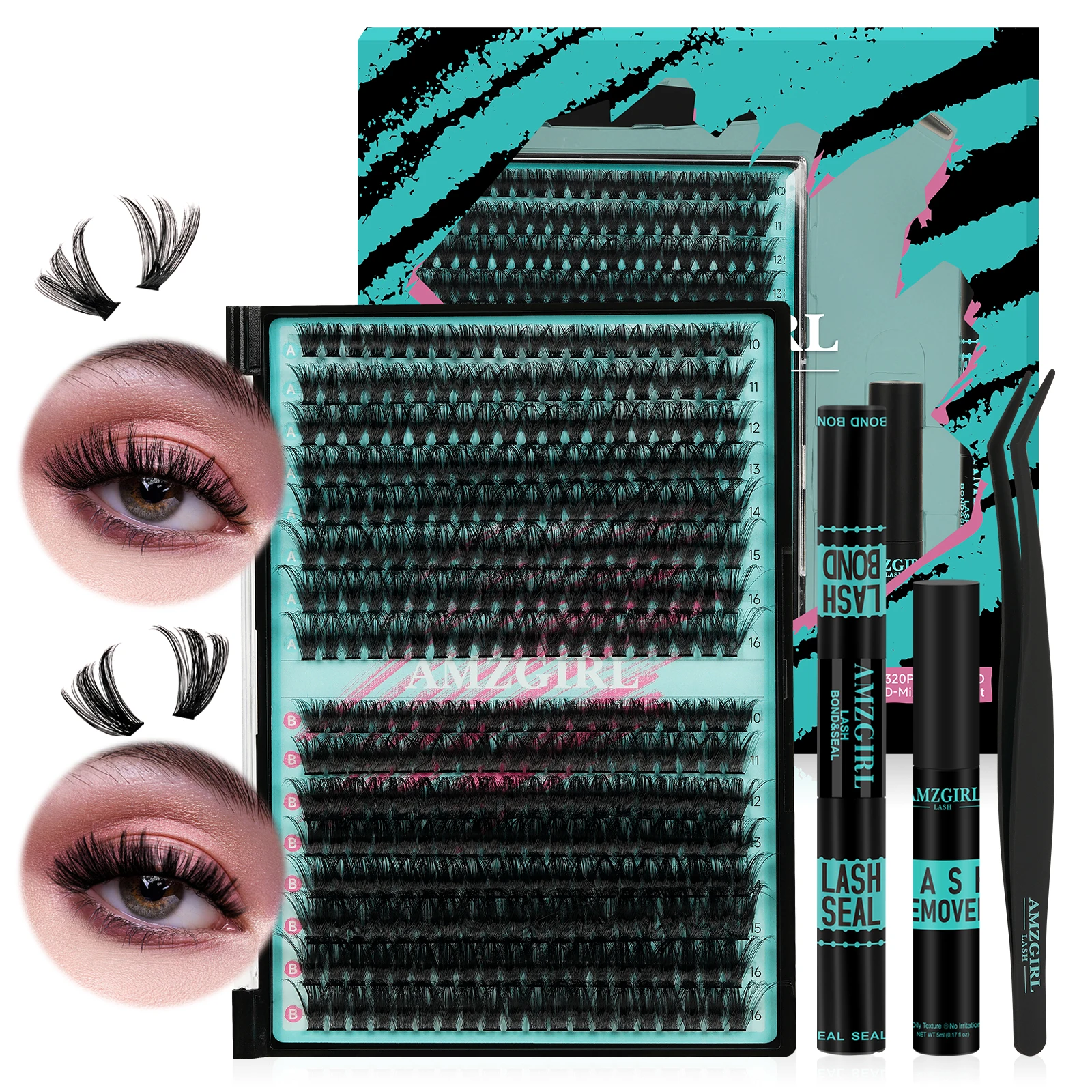 AMZGIRL LASH 320pcs DIY Eyelashes Extension Kit  70D+90D Cluster Lashes 10-16mix D Curl with Lash Glue Bond and Seal Remover