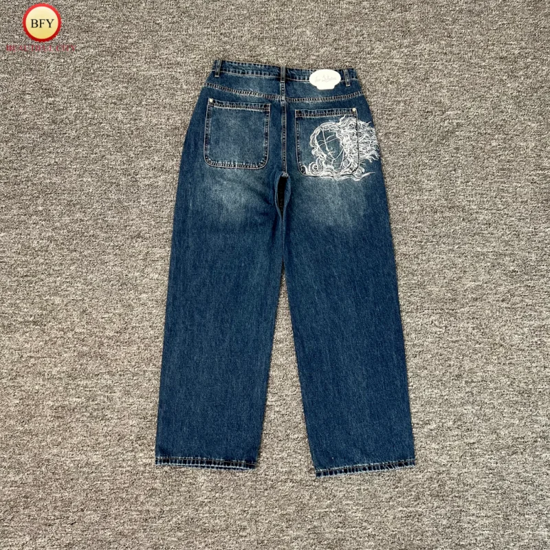 

Streetwear Derschutze Blue Character Embroidered Denim Trousers 25SS Men's Women's Relaxed Straight-Leg Trousers