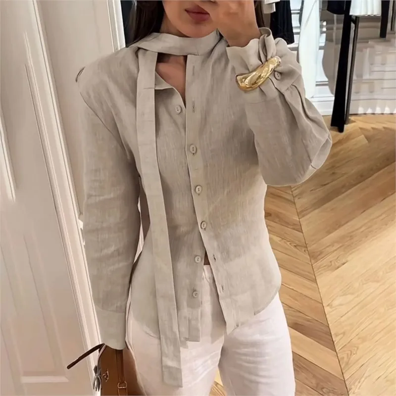 Women's 100% Cotton Floating Ribbon Back Lace Up Cardigan Autumn Single Breasted Full Sleeve Commuting Slim Women's Solid Blouse