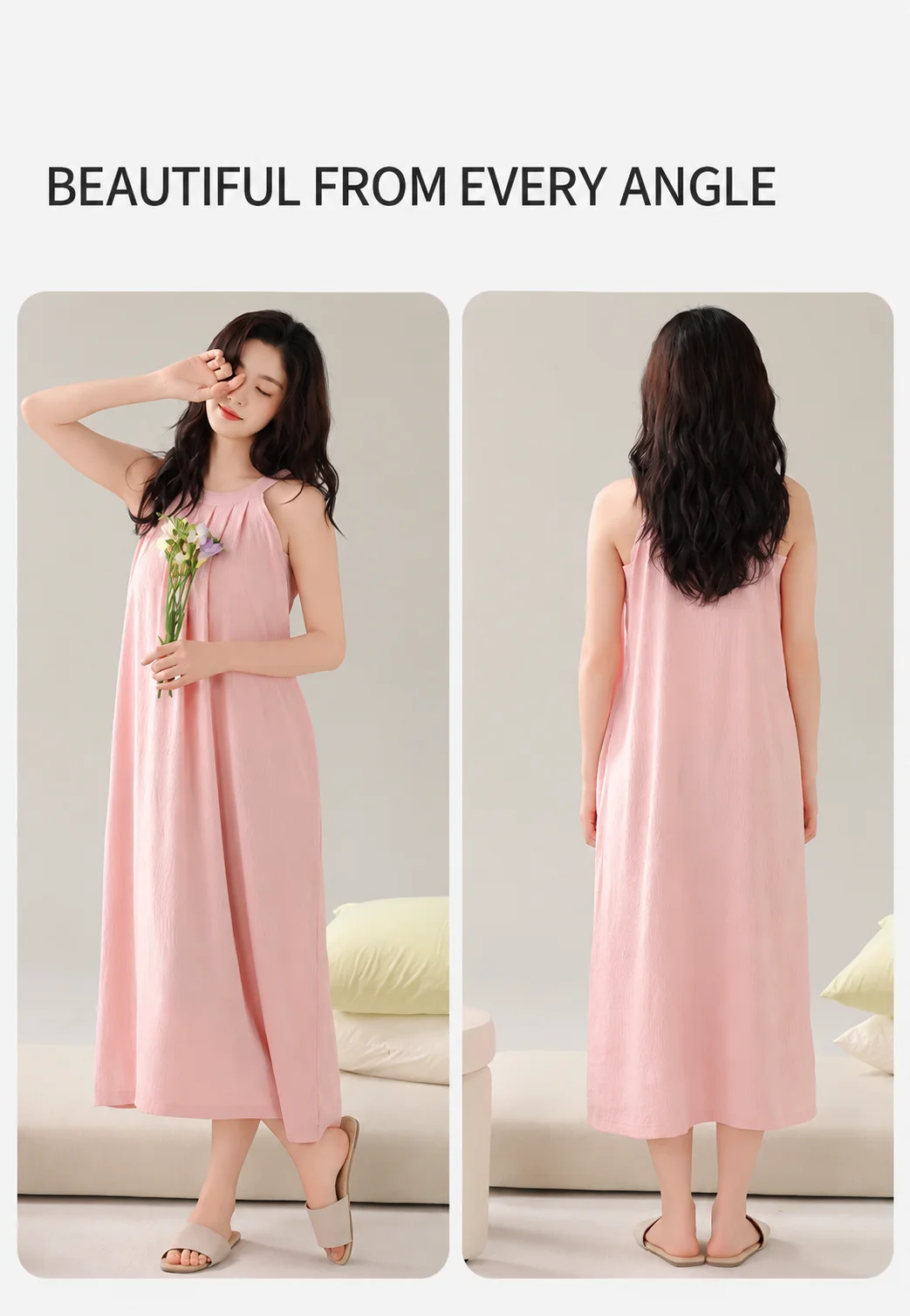 Damen Gepolstertes Ärmelloses Nachthemd mit Eingebautem BH, Herausnehmbaren Polstern, Langes, Weiches Schlafkleid, Sommer-Loungewear, Hauskleid mit Tasche – Detail 20