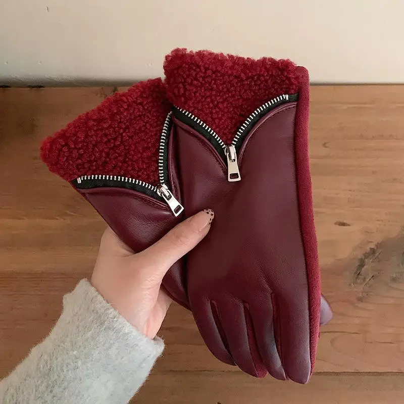 بو الجلود قفازات الشتاء الدافئة لامب الصوف قفازات شاشة لمس للنساء في الهواء الطلق ركوب يندبروف قفازات مقاومة للبرد #2