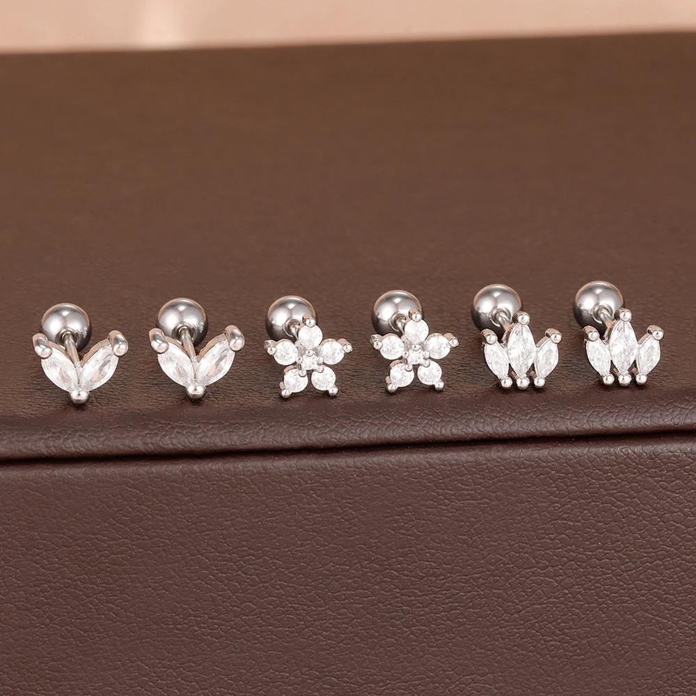 6-teiliges Luxus-Ohrring-Set aus Edelstahl mit Krone für Damen, modische Zirkon-Blumen-Ohrstecker, schlichter ästhetischer Schmuck, Aretes – Detail 6