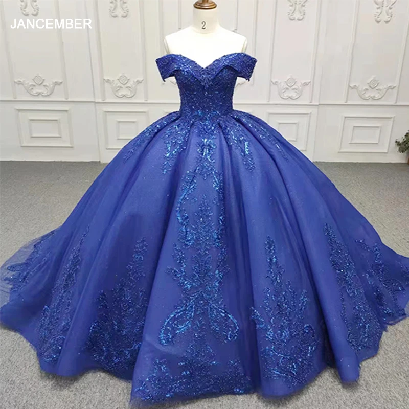 Exquisites romantisches Quinceanera-Kleid für Mädchen, blaues, trägerloses, schulterfreies Ballkleid mit Schnürung und Pailletten