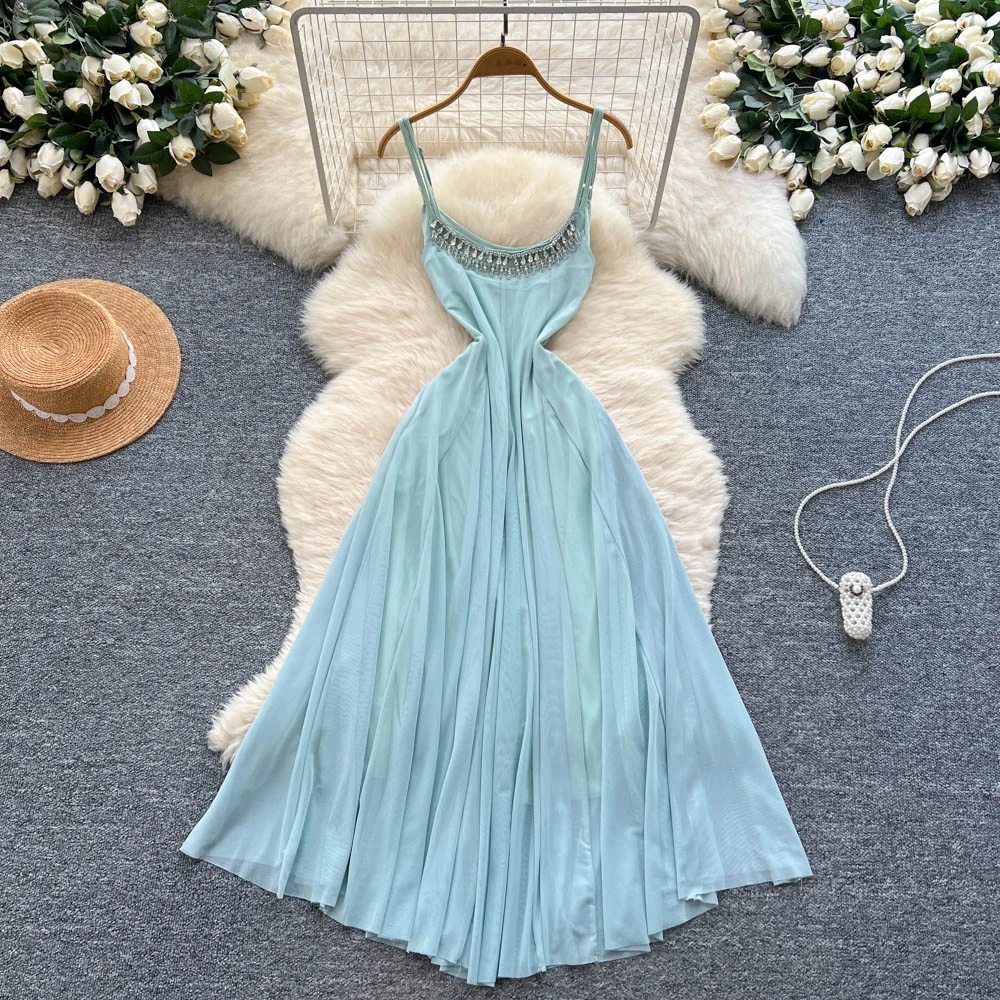 Chic vintage diamantes de imitación sin mangas elegante Hada moda coreana Boho Sundress ropa de mujer vestido