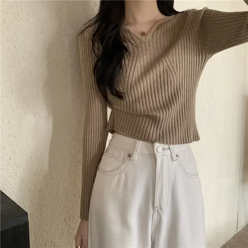 

Pullovers Women Long Sleeve Sweater Inside Harajuku Solid New Autumn Chic Retro Comfortable Knitting Simple Korean Style V-neck