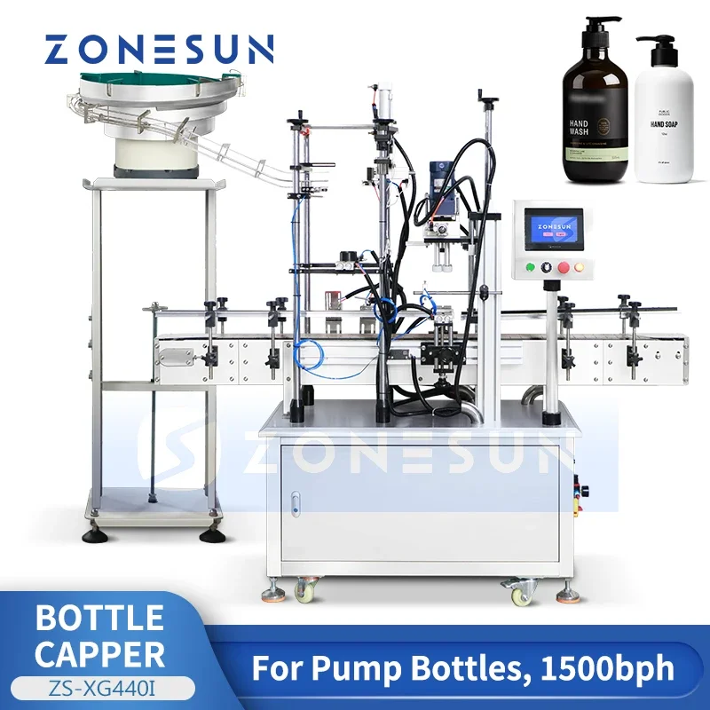 Máquina taponadora de botellas con bomba ZONESUN ZS-XG440I con alimentador automático de clasificación de tapas para botellas de champú y cosméticos