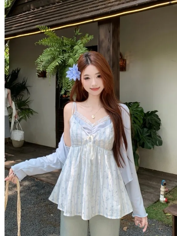 

plus Size Women's Sweet Floral Splicing Lace Tank Top Summer New Thin Long Sleeve UV Protection Open Cardigan Korean Sty...