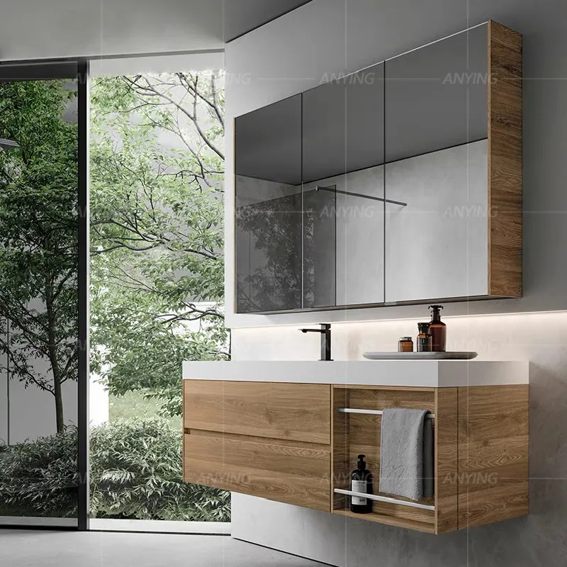 Hotel Style Log Color Bathroom Cabinet Japanese-style Simple Washing Table Combined Bathroom Rock Slab Integrated Wash Basin