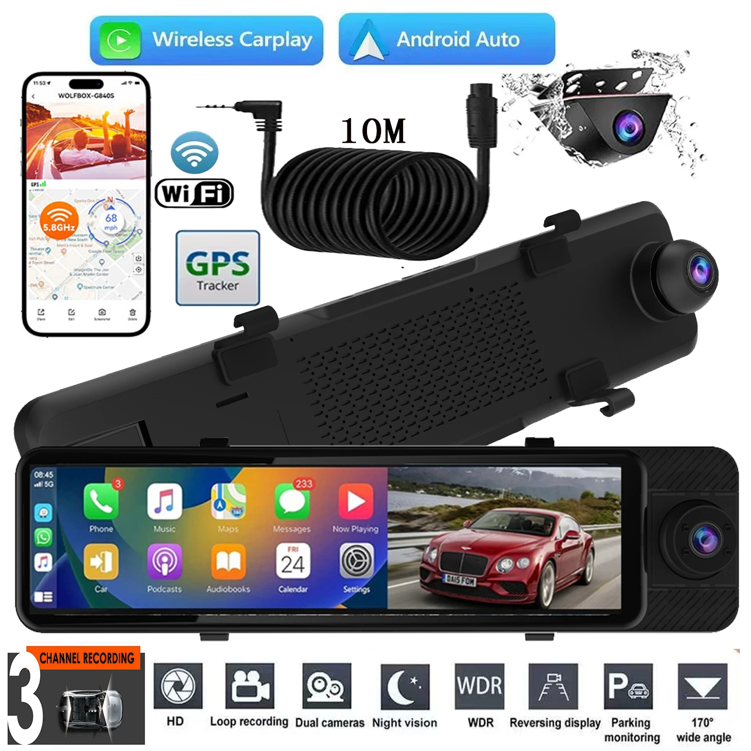 

UHD 4K 3 Channel Dash Cam,Carplay Android Auto WiFi Built-in GPS with IR Night Vision,G Sensor,WDR, Parking Mode ，10m extension
