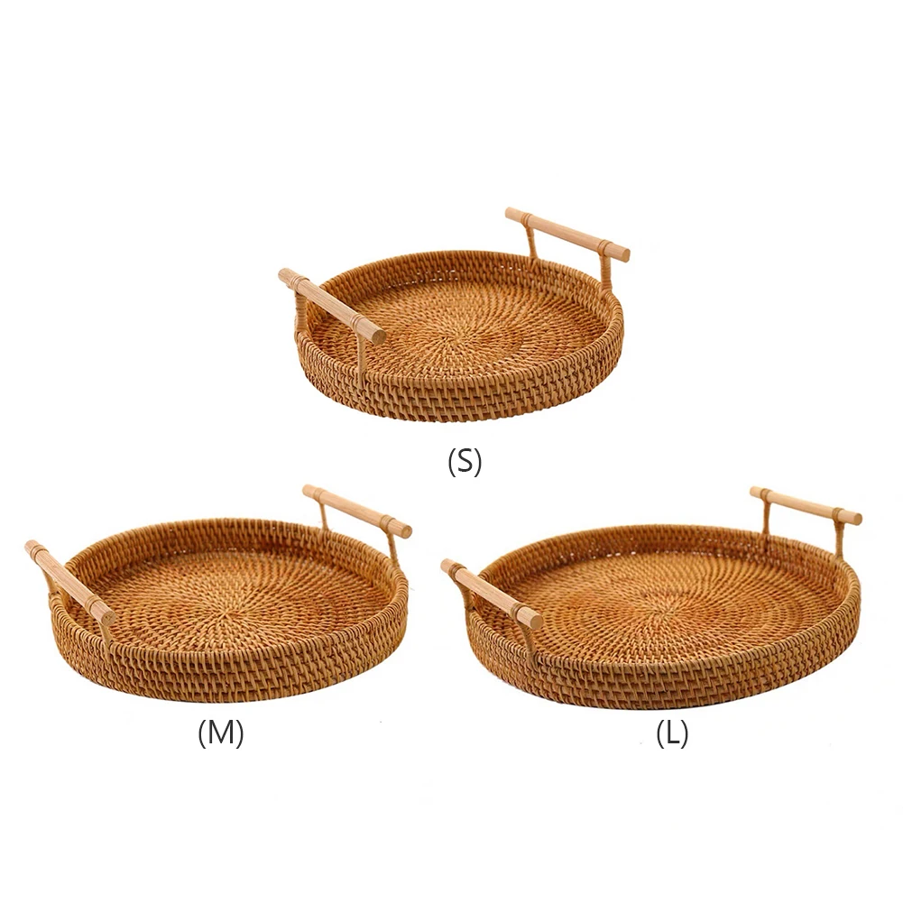 

Round Rattan Storage Tray with Wooden Handle Handmade Rattan Serving Tray Natural Simplicity Wear-resistant for Cake Snack Drink