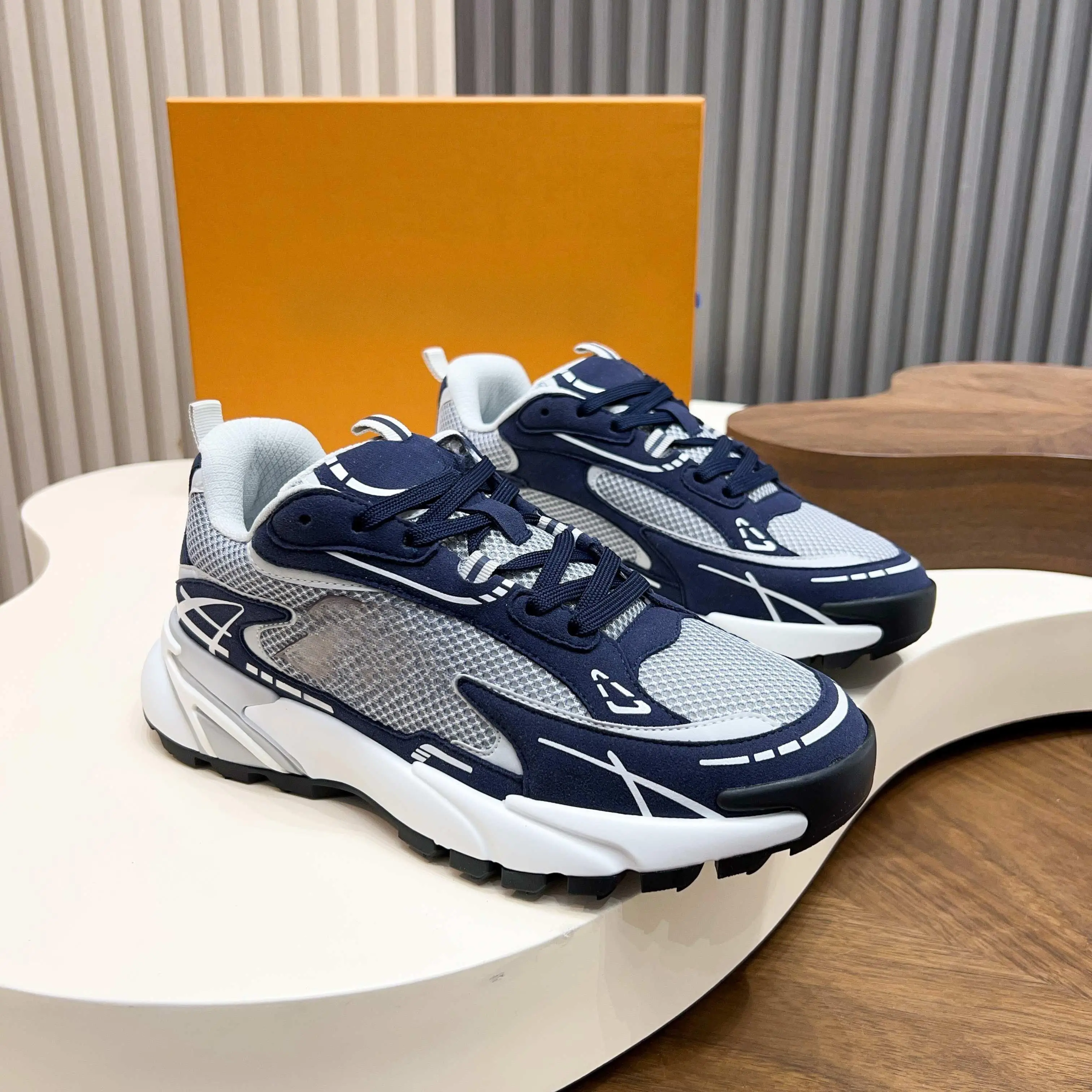 Unisex Patch Mesh Thick Sole Jogging Shoes Navy Contrast Line Lightweight Elevated Street Casual Dad Sneakers