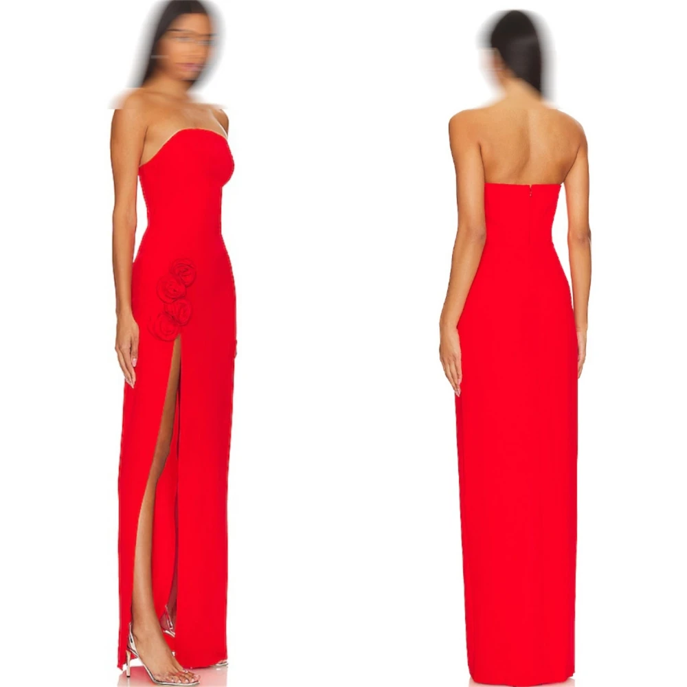 Customized Elegant Jersey Strapless Evening Dress Delicate Flowers Prom Dresses Temperament Sleeveless Special Occasion Gowns