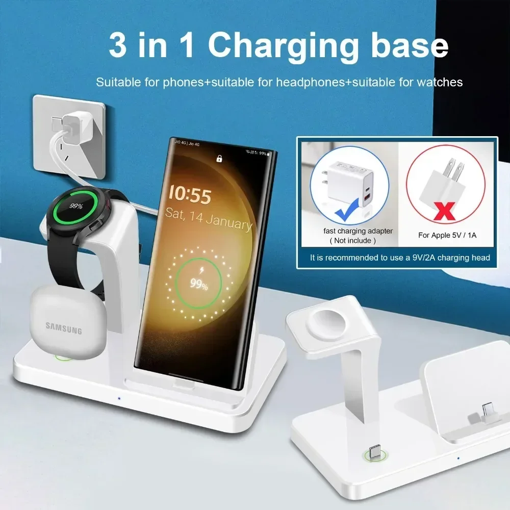 3-in-1 Kabelloses Ladegerät für Samsung S25 S24 S23 für Galaxy Watch 8 7 6 5 Pro 4 3 Buds 3 Duale Typ-C-Anschlüsse Schnelle Ladestation – Detail 7