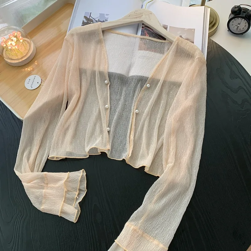 2024 Knitted Thin Sweater Cardigan Women Long Sleeve Pearl V-neck Sueter Mujer Summer Vintage Sweet See Through Cropped Jackets