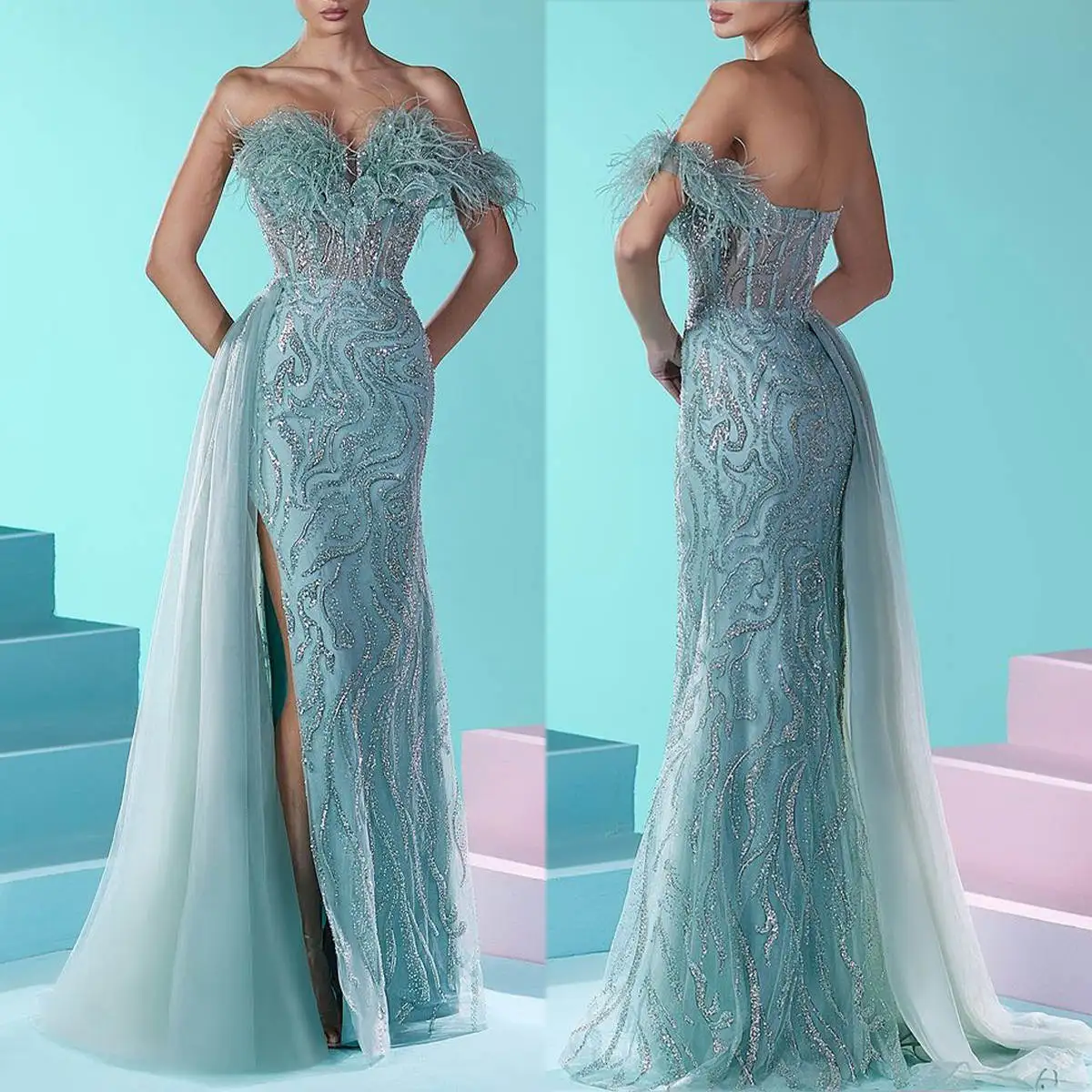 

Elegant Side Split Feather Evening Dresses One Shoulder Sleeveless Mermaid Prom Gowns Crystal Beadeds Dinner Party Customized