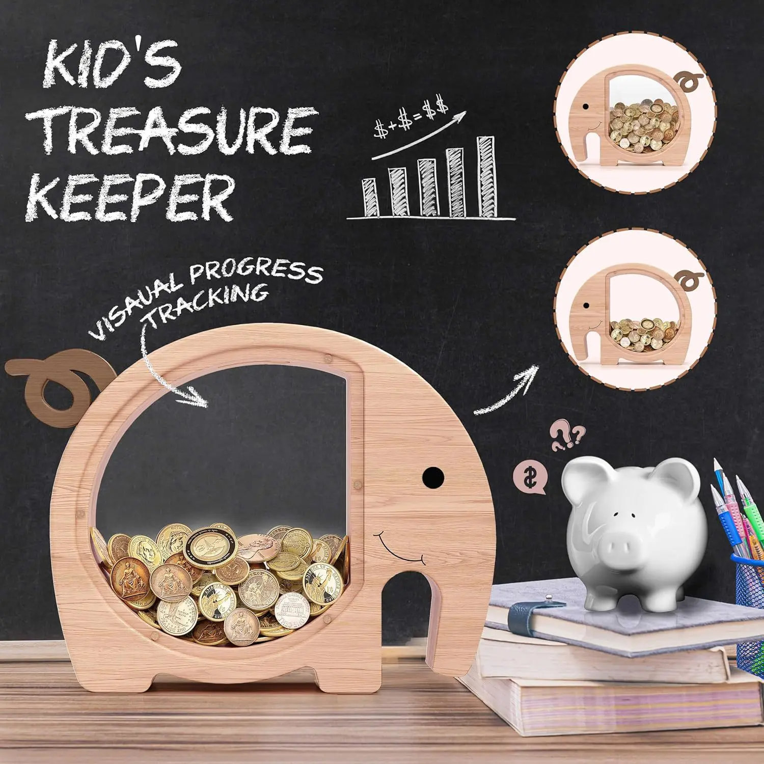 

New Wooden Piggy Bank: Creative Elephant-Shaped Children's Money Box Solid Wood with Transparent Acrylic Coin Savings Jar Gift
