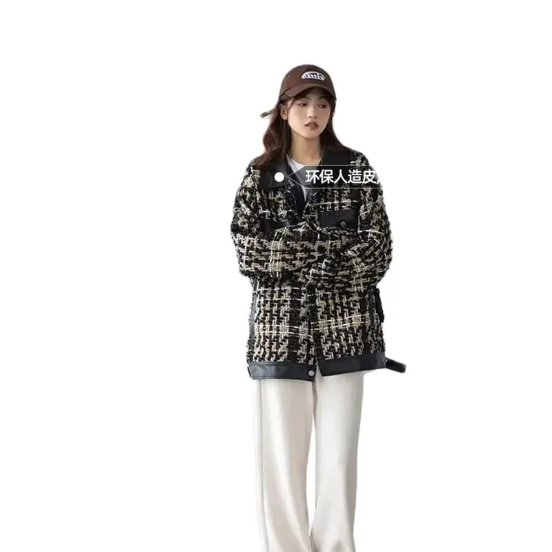 Xiaoxiangfeng Coat Women 2023 Autumn/Winter New Loose Fit Small High Grade Retro Thousand Bird Checker Spliced PU Leather Jacket