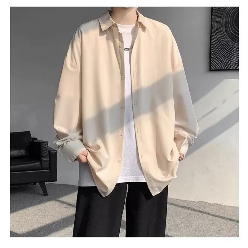 

Bla Long Sve irt Men's Loose Drapey Casual Hair St Color irt Men's Jaet Spring Season Stand Fit PU L...