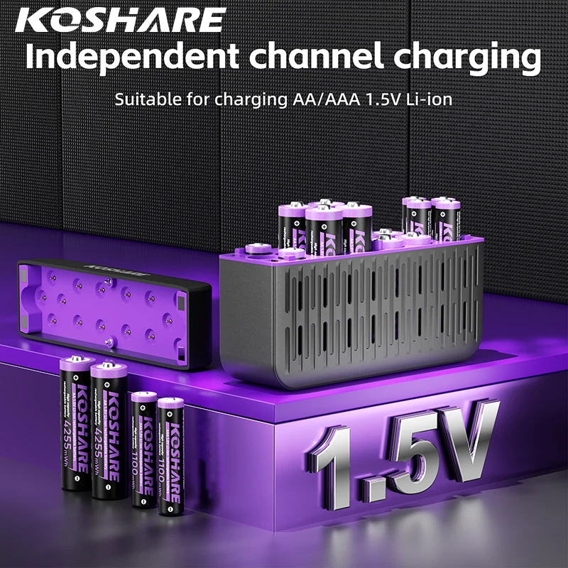 KOSHARE 1.5V Lithium Rechargeable Batteries AA AAA 4255mWh 1100mWh Charging Sets With 16 Slots LED Smart Li-ion Battery Charger